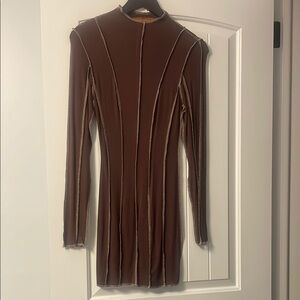 Brown Ribbed Bodycon Dress with Mock Neck